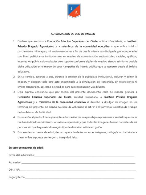 Autorización De Uso De Imagen Pdf Menor Ley Publicidad