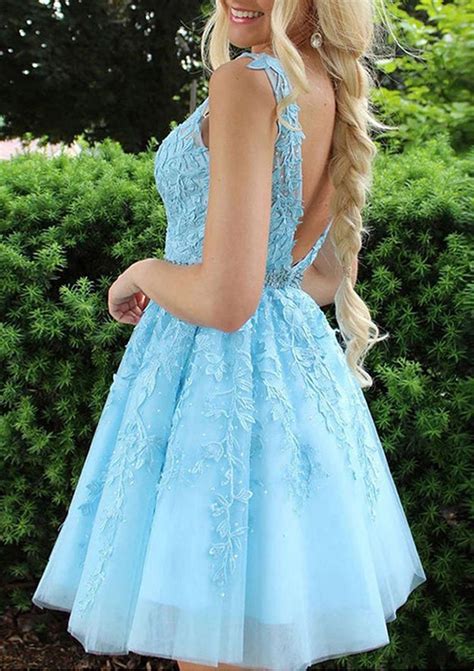 Elegant A Line V Neck Sleeveless Lace Tulle Homecoming Dress With Appl