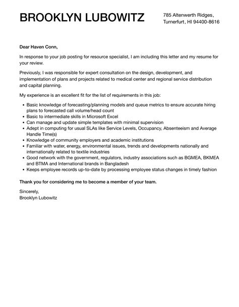 Resource Specialist Cover Letter Velvet Jobs