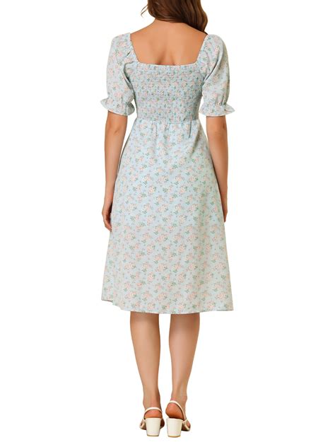 Allegra K Womens Smocked Floral Square Neck Short Puff Sleeve Summer Midi Dress