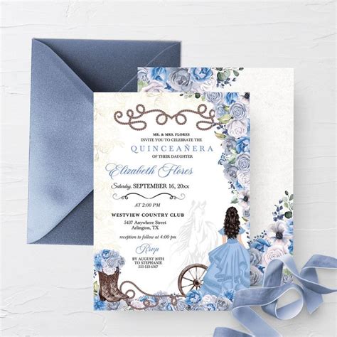 EDITABLE Invitation Blue Western Cowboy Boots Quinceanera Invitation