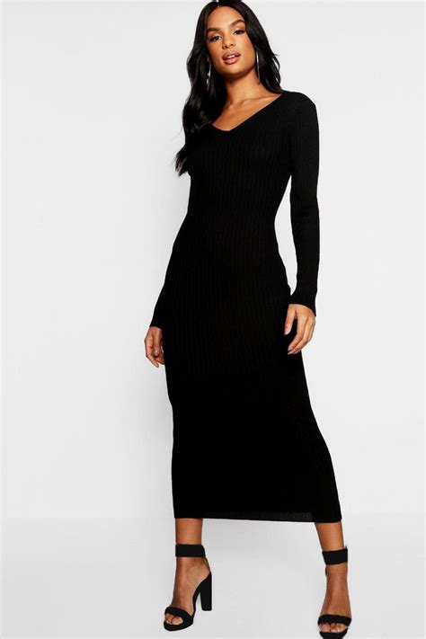 Tall V Neck Rib Knit Midaxi Dress Boohoo Dresses Rib Knit Tall