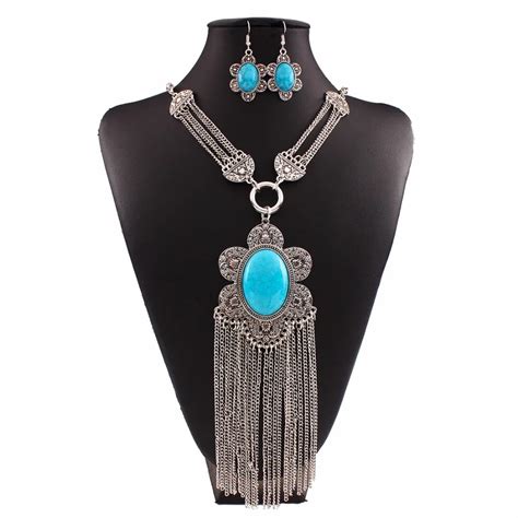 Turquoise Jewelry Set Maxi Necklace Earrings Vintage Silver Jewelry