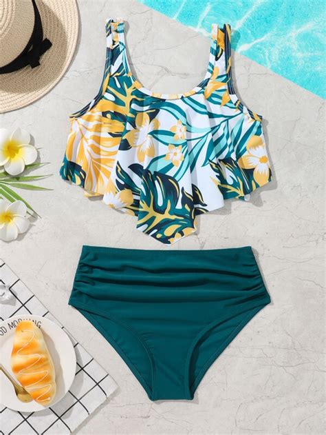 Girls Tropical Print Ruched Hanky Hem Bikini Swimsuit SHEIN USA