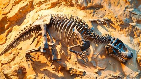 Fossilized Dinosaur Skeleton Excavation At Desert Rock Formation