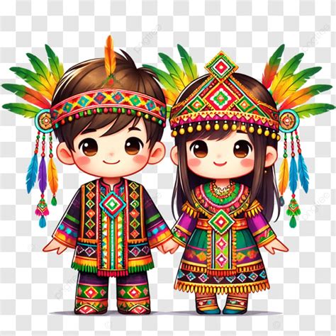 Cute Couple In Dayak Ethnic Costumes Happy Couple Dayak Chibi Png