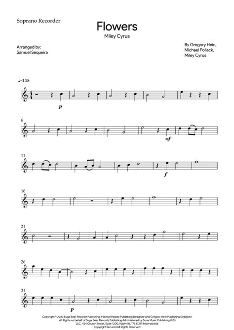 Flowers Arr Samuel Sequeira By Miley Cyrus Sheet Music For Recorder Solo At Sheet Music Direct