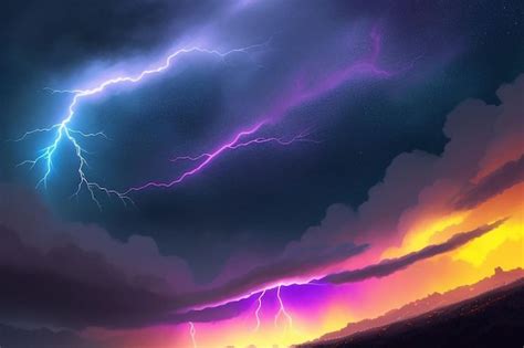 A purple and yellow lightning storm is shown in this image | Premium AI-generated image