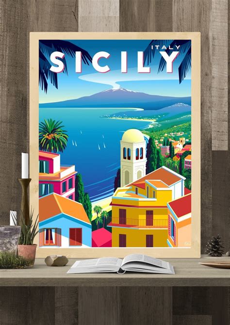 Sicily Retro Style Travel Poster Italy Sicily Vintage Digital Prints Ez