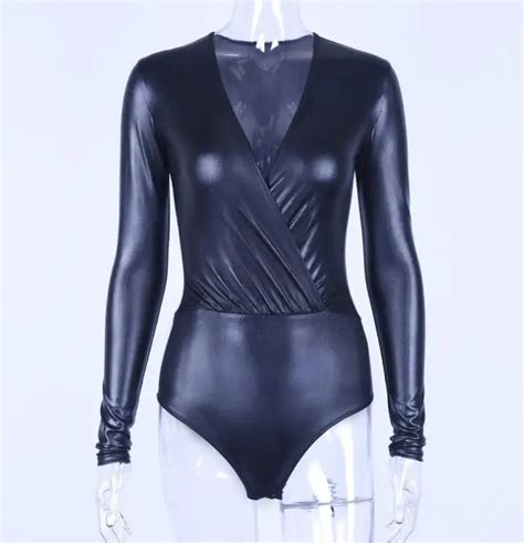 Long Sleeve Deep V Neck Pu Leather Bodysuit 2019 Autumn Winter Women