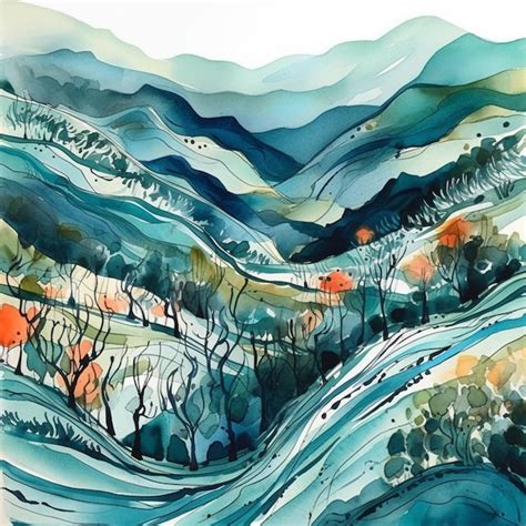 Premium AI Image | A watercolor painting of a mountain landscape with a ...