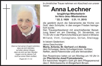 Traueranzeigen Von Anna Lechner Trauer Bz