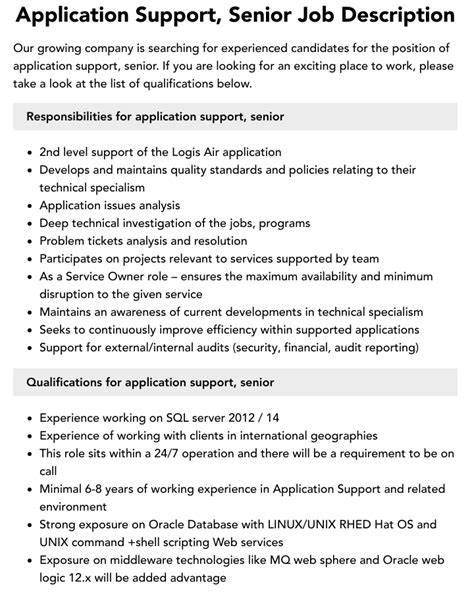 Application Support Senior Job Description Velvet Jobs