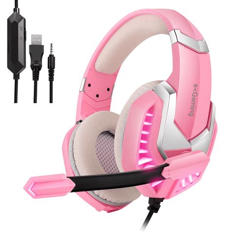 Gaming Headset Mic Led Headphones Stereo Bass Surround For Pc Ps4 Xbox One Pink With Led