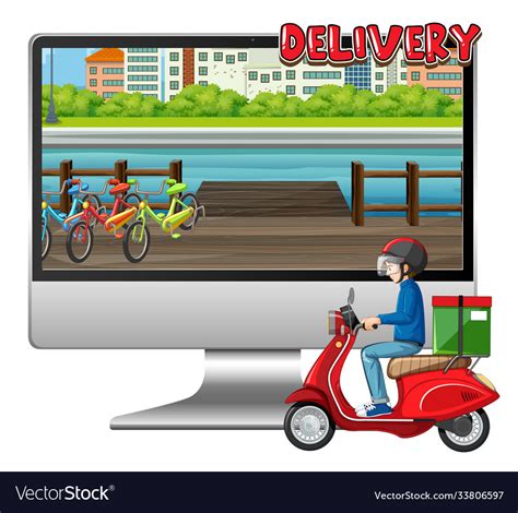 Computer With Bike Man Or Courier And Delivery Vector Image