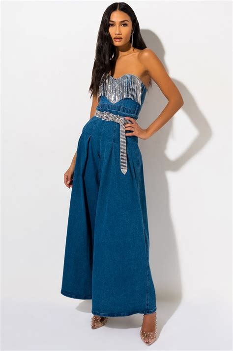 Akira Label Rhinestone Fringe Cropped Denim Bustier In Blue In 2021