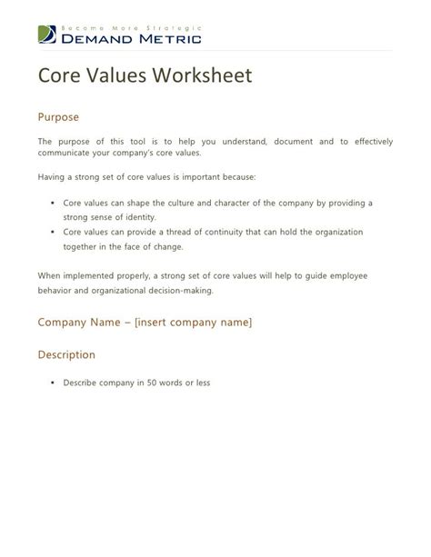 Core Values Worksheet