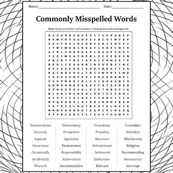 Commonly Misspelled Words Word Search Puzzle Worksheet Activity Tpt