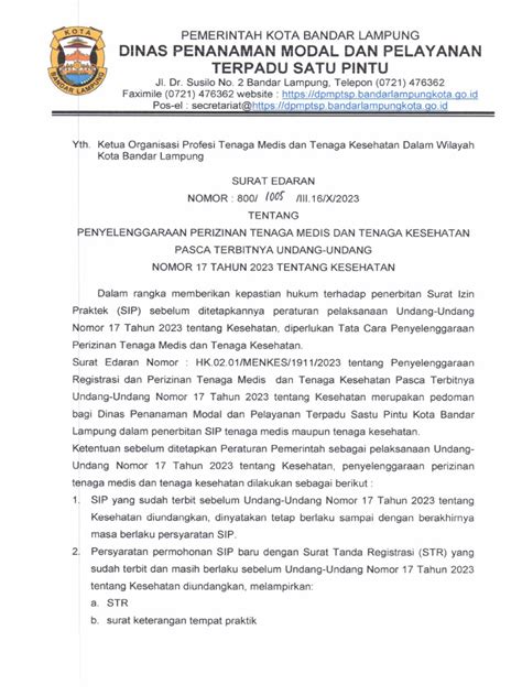 Surat Edaran Ttg Penyelenggaran Perizinan Tenaga Medis Dan Tenaga Kesehatan Pdf