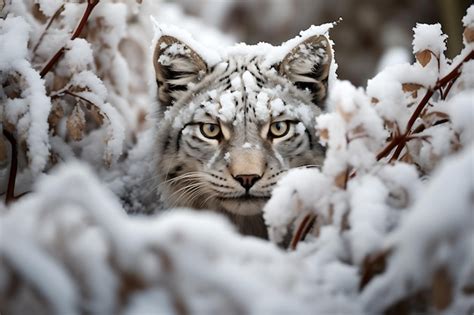 Premium Ai Image Lynx Peeking Out From Behind A Snowcovered Bush