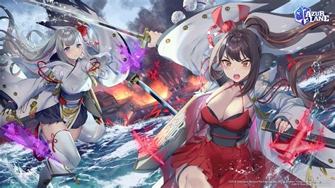 2girls Aircraft Anthropomorphism Azur Lane Boat Breasts Brown Eyes