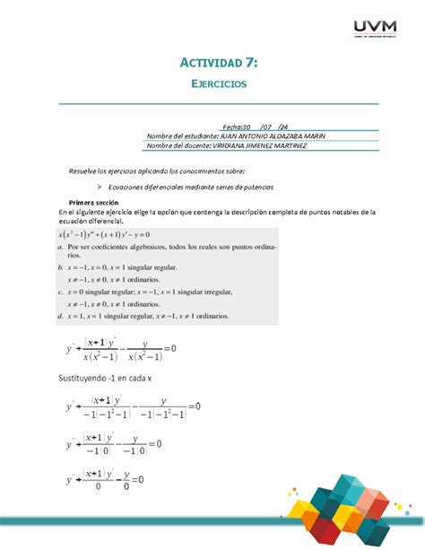 Actividad 7 ECUACIONES DIFERENCIALES Y SERIE Ecuaciones Diferenciales