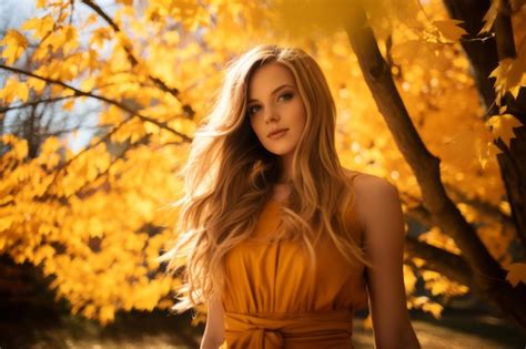 Premium Ai Image A Beautiful Blonde Woman In A Yellow Dress Standing In Front Of A Tree With