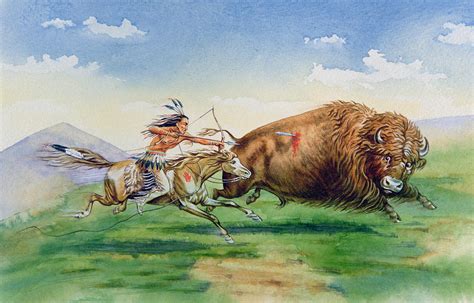 Sioux Hunting Buffalo On Decorated Pony Painting by American School