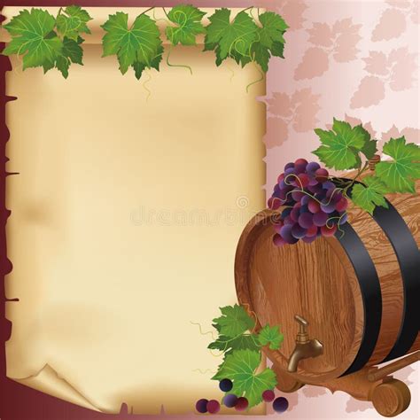 Fondo Del Vino Con La Uva El Barril Y El Papel Ilustración Del Vector