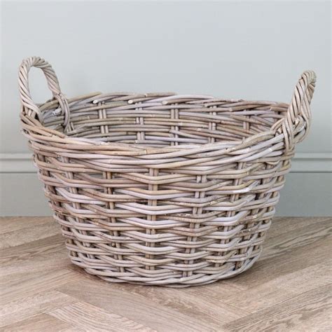 Oval Grey And Buff Rattan Wicker Storage Basket The Basket Company