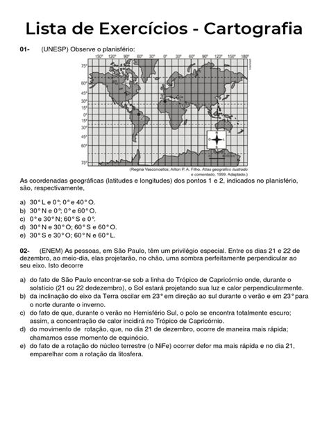 Exercicio Cartografia - Lista de Exercícios - Cartografia | PDF | Terra | Trópicos