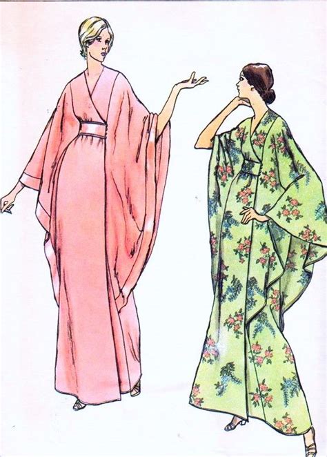 1970s Elegant Robe Caftan Hostess Gown Pattern Vogue 8551 Dramatic Batwing Cape Kimono Sleeves