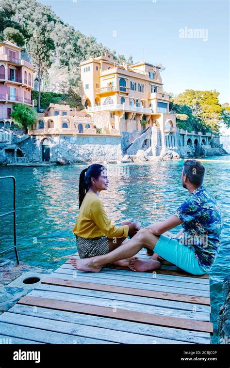 Couple On Vacation Ligurian Coast Italy Portofino Famous Village Bay