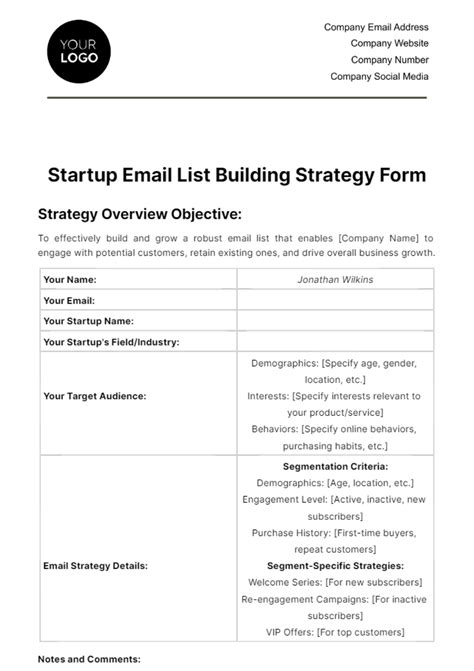 Free Startup Email List Building Strategy Form Template - Edit Online & Download | Template.net