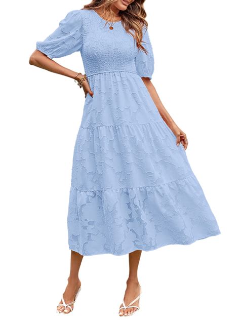 Wassery Women Summer Dresses 2023 Puff Sleeve Smocked Dress Wedding Guest Dress High Waist Lace