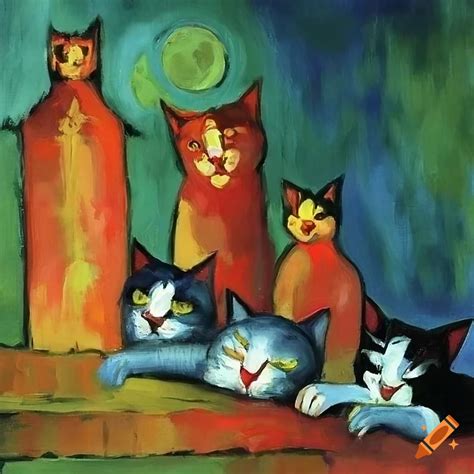 Four Tired Goofy Cats Singing Sitting On An Old Wooden Backyard Fence