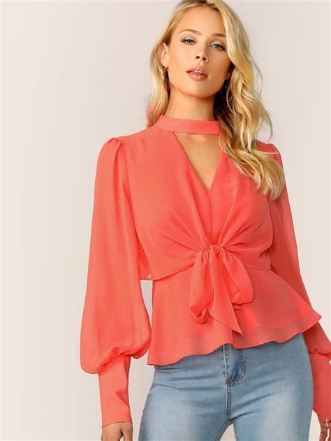 Shein Keyhole Back Tie Front Lantern Sleeve Blouse Lantern Sleeved