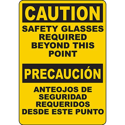 Caution Safety Glasses Required Beyond Point Bilingual Sign Graphic