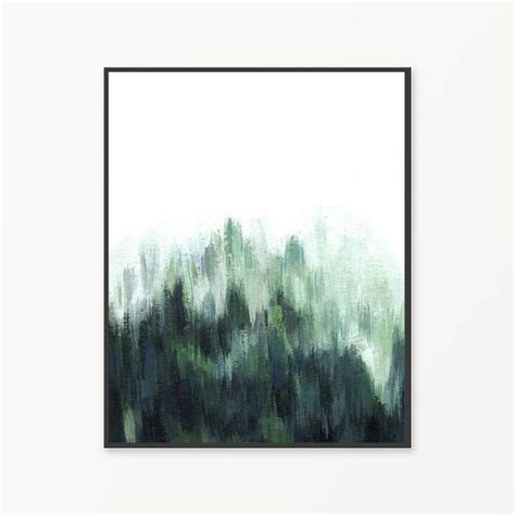 an abstract painting in green and white with trees on the horizon ...