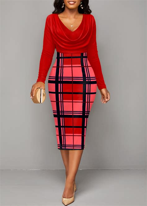 ROTITA Plaid Red V Neck Long Sleeve Bodycon Dress Rotita USD 29 98