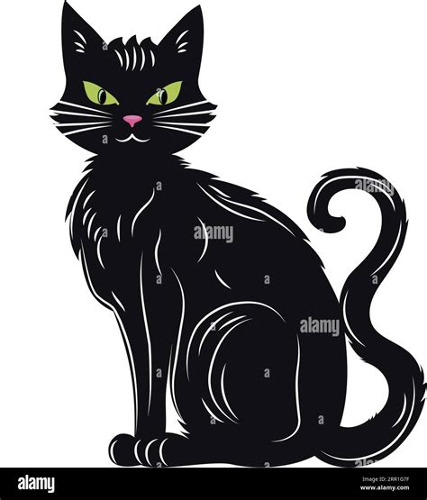 Seated Black Cat With Green Eyes Cute Pet Isolated Black Cat Symbol