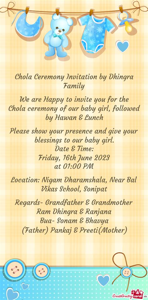 Chola Ceremony Of Our Baby Girl Followed By Hawan And Lunch Free Cards