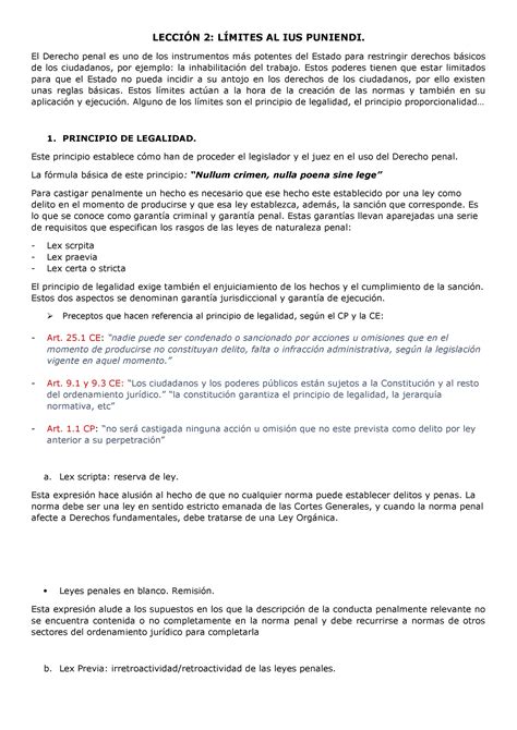 Tema 2 Apuntes Penal I LecciÓn 2 LÍmites Al Ius Puniendi El Derecho Penal Es Uno De Los