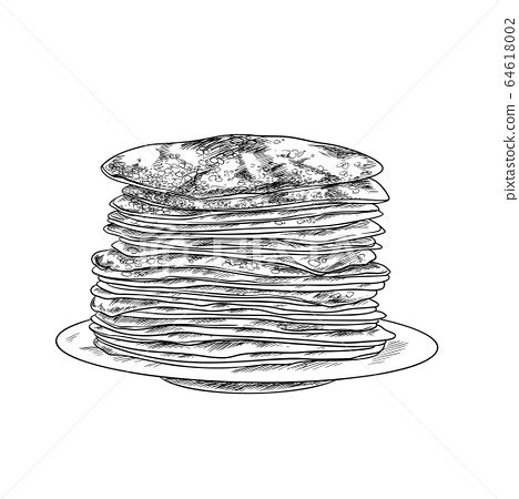 Stack Of The Pancakes On The Plate Ink Sketch Stock Illustration