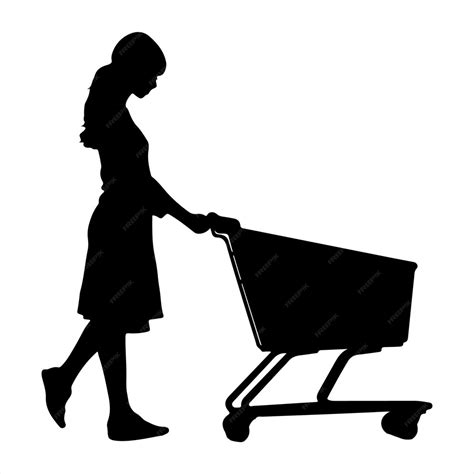 Woman Pushing Shopping Cart Silhouette White Background Premium Ai