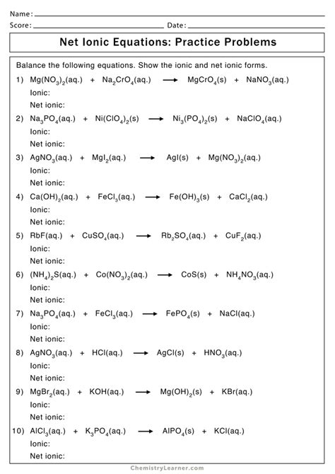 Ionic Equation Worksheet with Answers