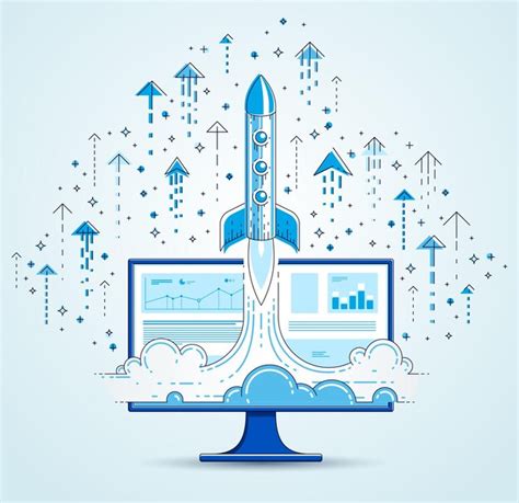 Premium Vector Startup Rocket Take Off Over Computer Monitor And Set