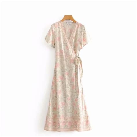 Bellanblue Dresses Bohemian Peach Floral Print Vneck Wrap Ruffle