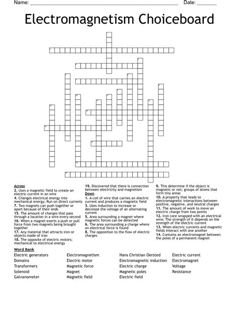Electromagnetism Choiceboard Crossword - WordMint