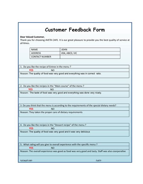 Customer Feedback Form Dear Valued Customer Thank You For Choosing